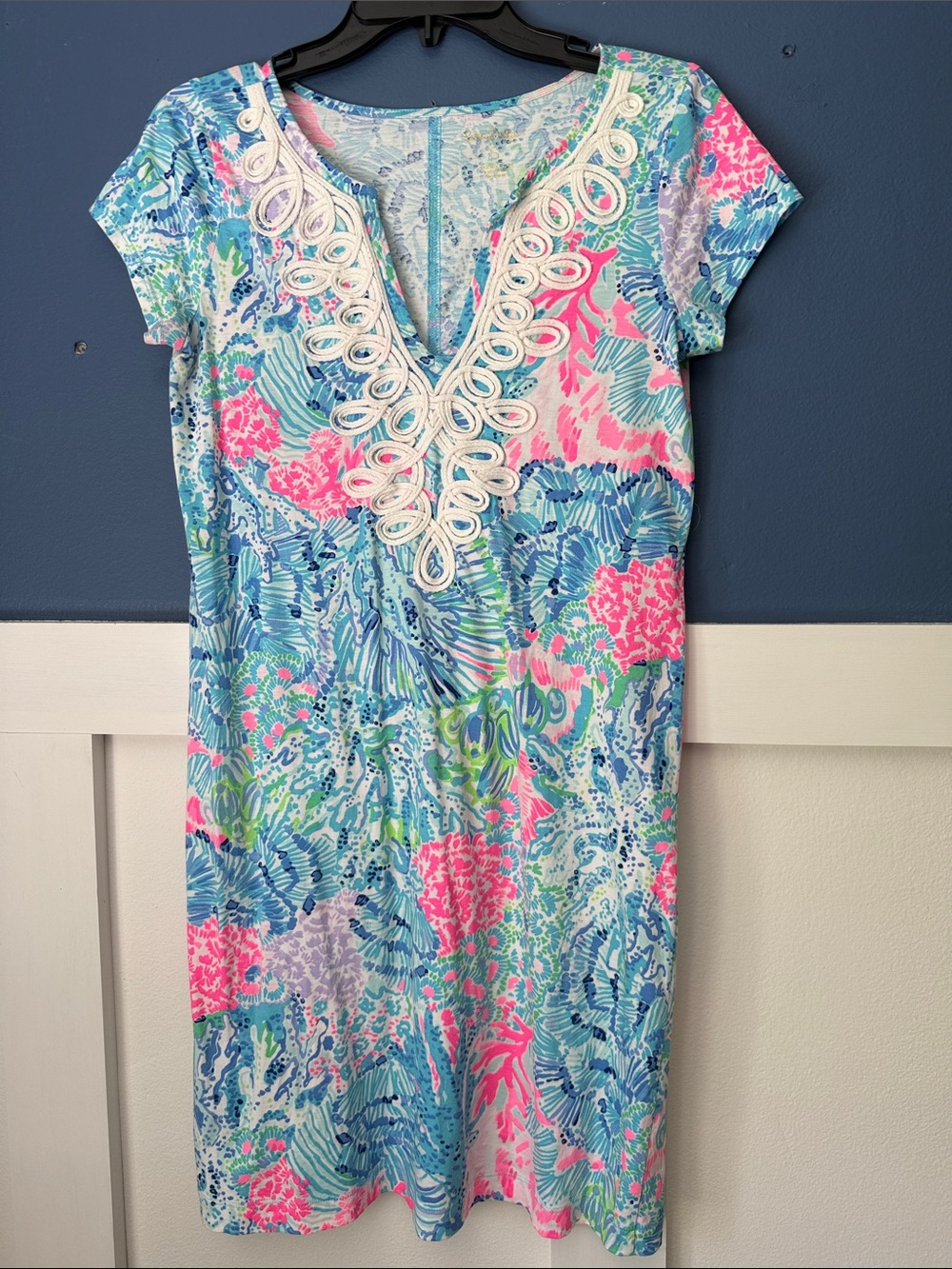 Lilly Pulitzer Brewster Shift Dress Sink or Swim V Neck White Embellished Trim